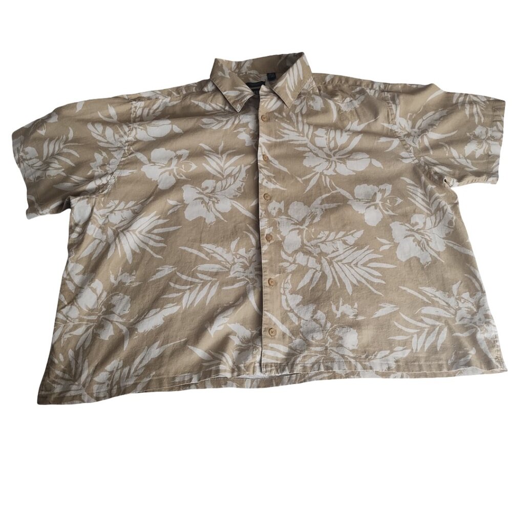 Haggar Beach Casual Men's Hawaiian Print Button Down Shirt Beige | Size US 3XL